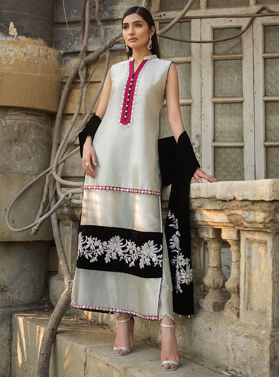 Pakistani Silver Embroidered Brocade Salwar Kameez (3-Piece) - Image 4
