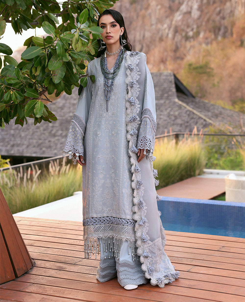 Pakistani Silver Grey Chikankari Lawn & Organza 3-Piece Suit - Image 1