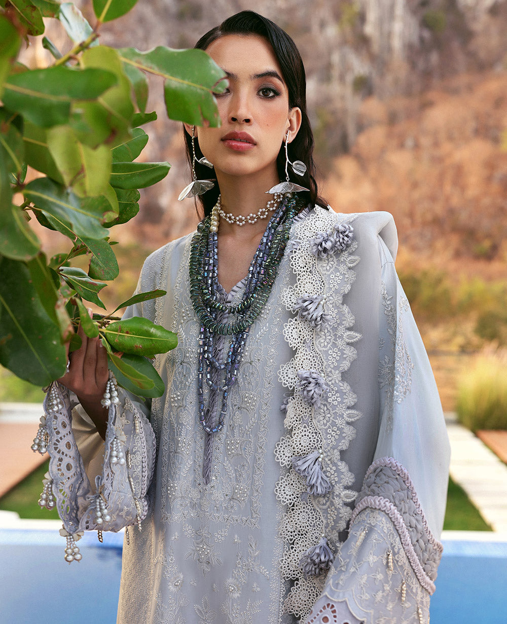 Pakistani Silver Grey Chikankari Lawn & Organza 3-Piece Suit - Image 3