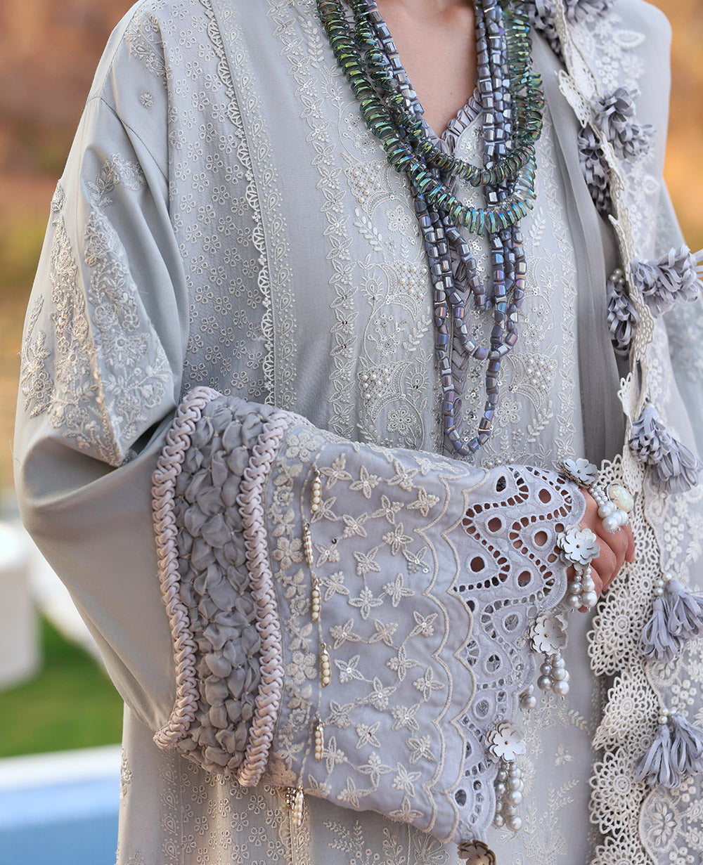 Pakistani Silver Grey Chikankari Lawn & Organza 3-Piece Suit - Image 5