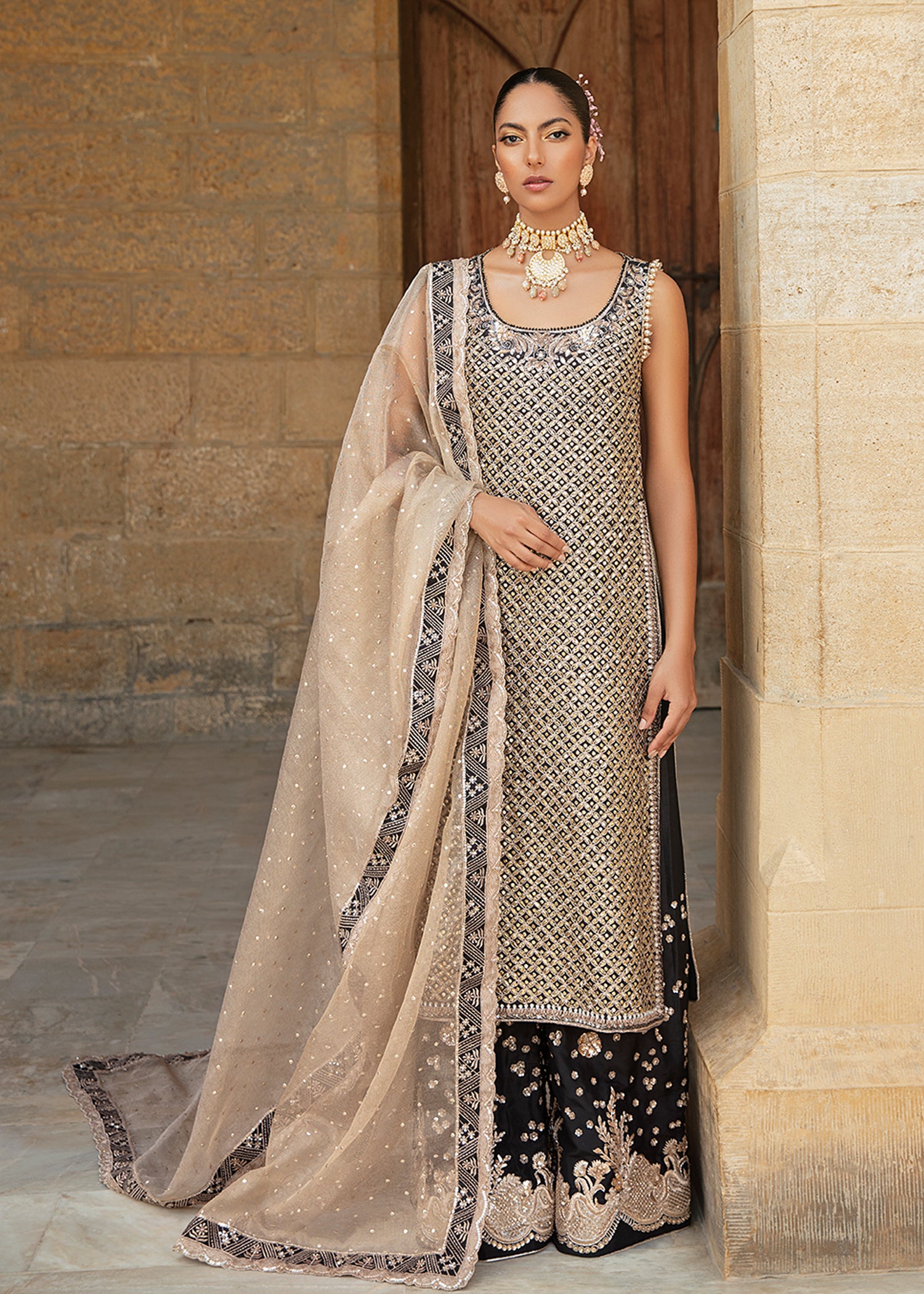 Pakistani Silver & Black Kamdani Aari Raw Silk Salwar Kameez (3-Piece) - Image 1