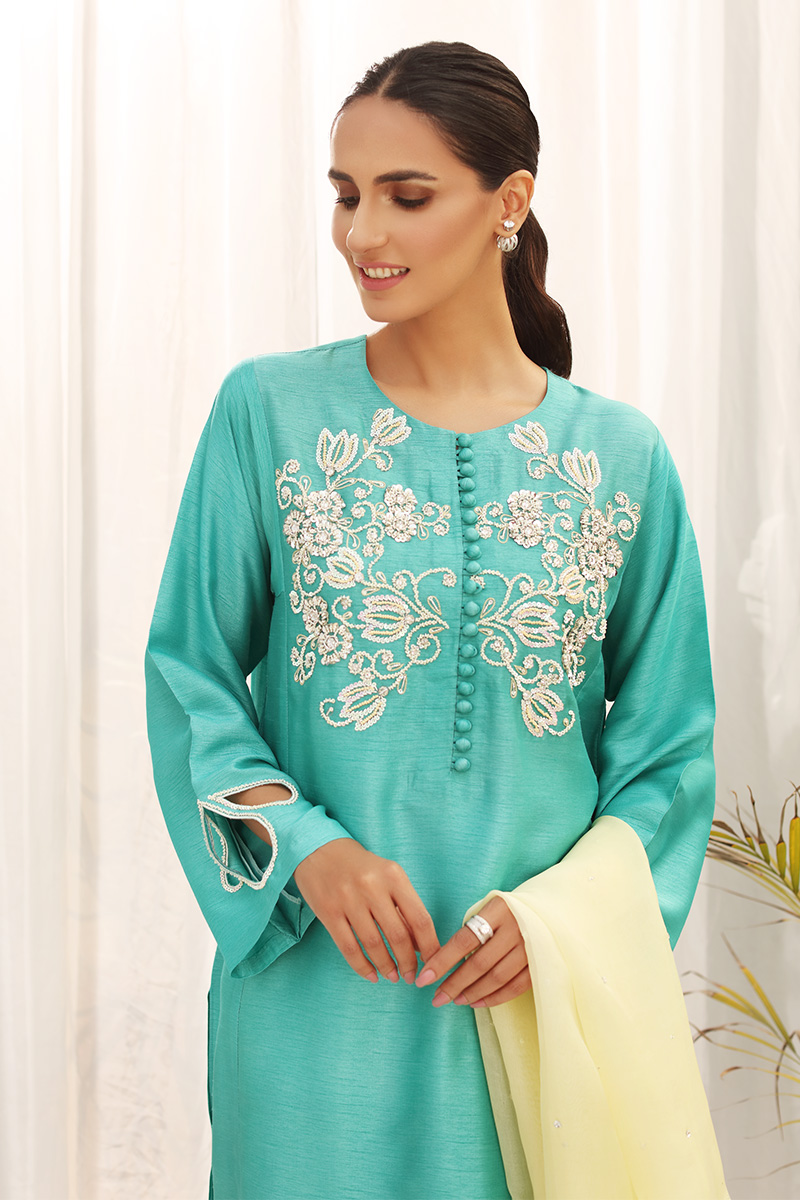 Zinc Floral Sequin Raw Silk Salwar Kameez (3-Piece) - Image 3