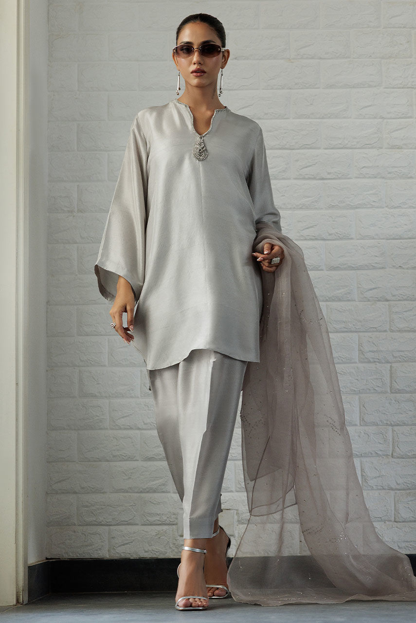 Silver Grey Embellished Raw Silk Salwar Kameez (3-Piece) - Image 1