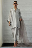 Silver Grey Embellished Raw Silk Salwar Kameez (3-Piece) - Image 3