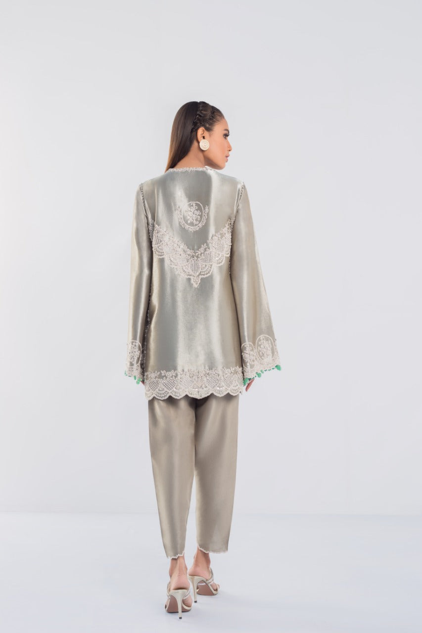 Silver Ari Embroidered Tissue Jacket & Tulip Shalwar (2-Piece) - Image 1