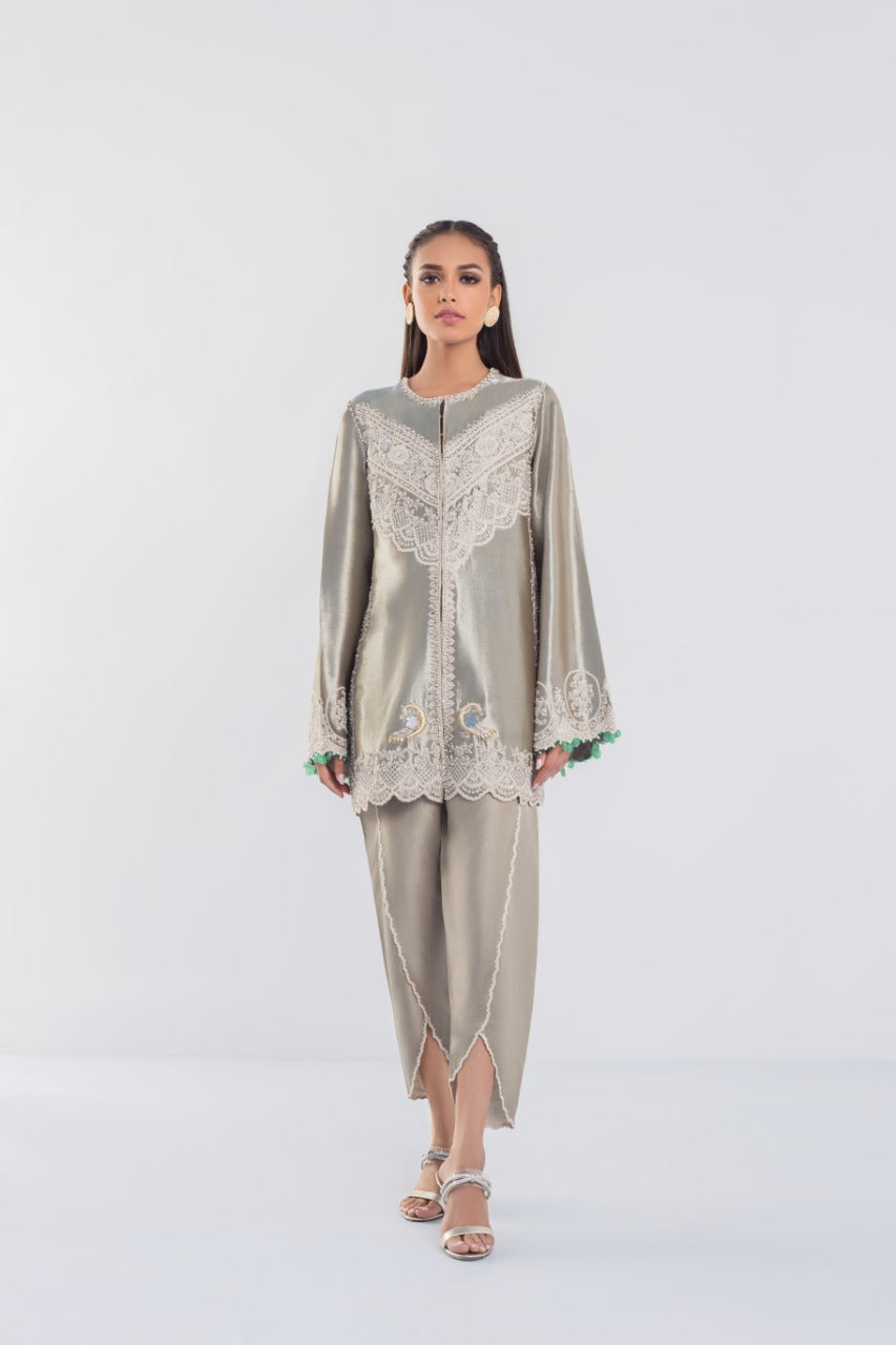Silver Ari Embroidered Tissue Jacket & Tulip Shalwar (2-Piece) - Image 2