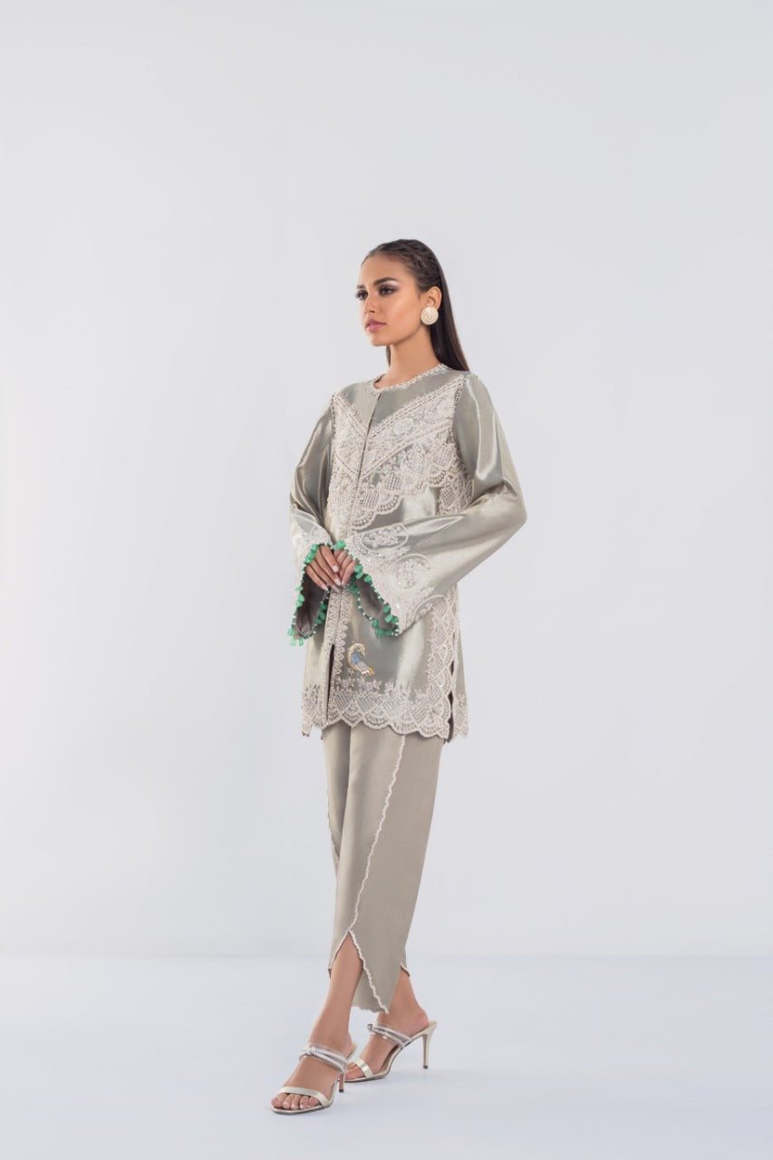 Silver Ari Embroidered Tissue Jacket & Tulip Shalwar (2-Piece) - Image 3
