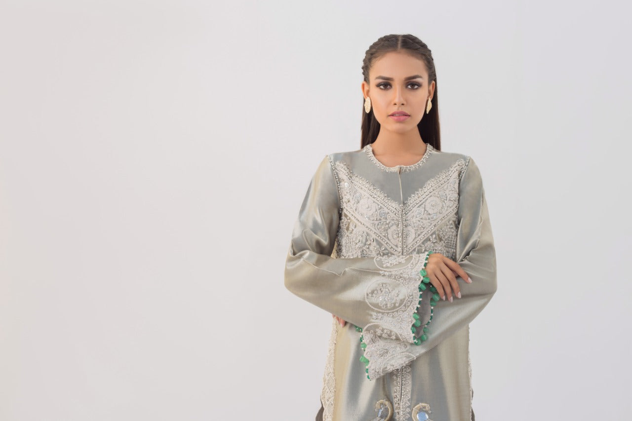 Silver Ari Embroidered Tissue Jacket & Tulip Shalwar (2-Piece) - Image 4