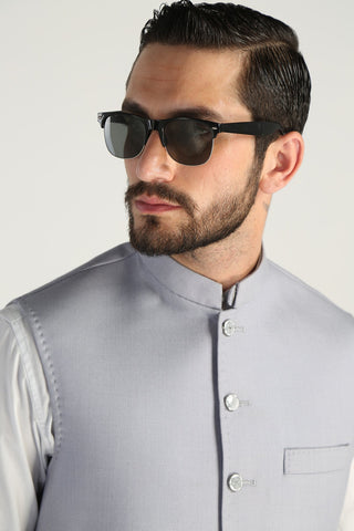 Silver Textured Suiting Waistcoat Kurta Set (3-Piece) - Image 2