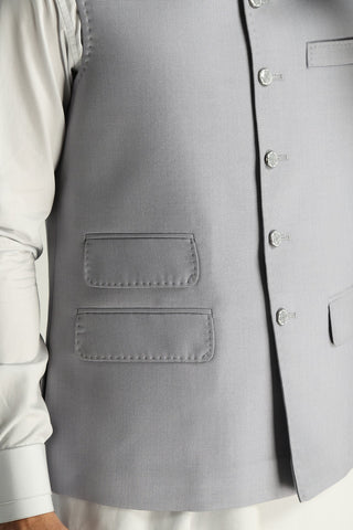 Silver Textured Suiting Waistcoat Kurta Set (3-Piece) - Image 3