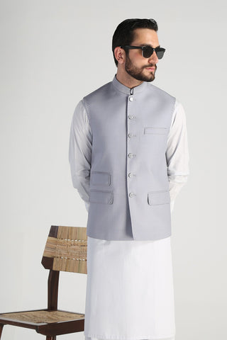 Silver Textured Suiting Waistcoat Kurta Set (3-Piece) - Image 5