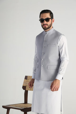 Silver Textured Suiting Waistcoat Kurta Set (3-Piece) - Image 6