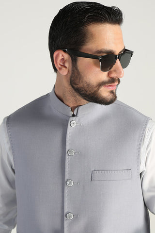 Silver Textured Suiting Waistcoat Kurta Set (3-Piece) - Image 7