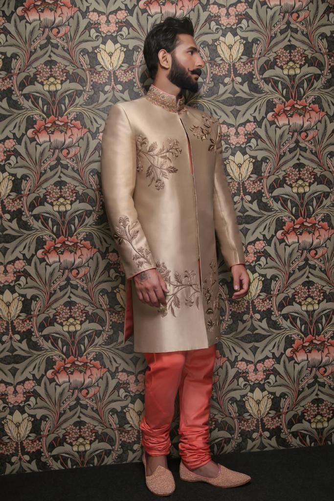 Tan Embroidered Silk-Blend Achkan Sherwani (2-Piece) - Image 1