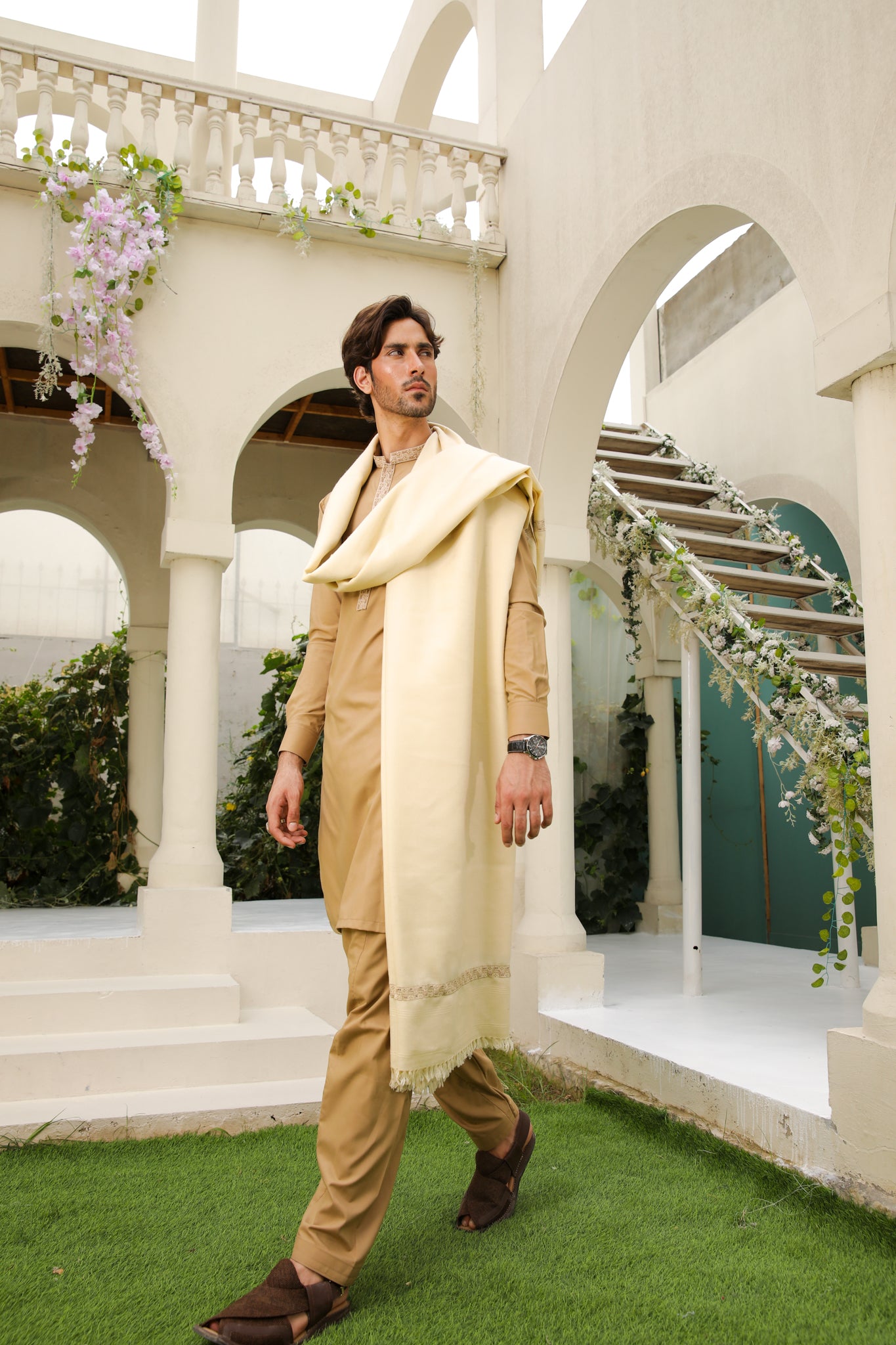 Camel Embroidered Blended Kameez Shalwar (3-Piece) - Image 5