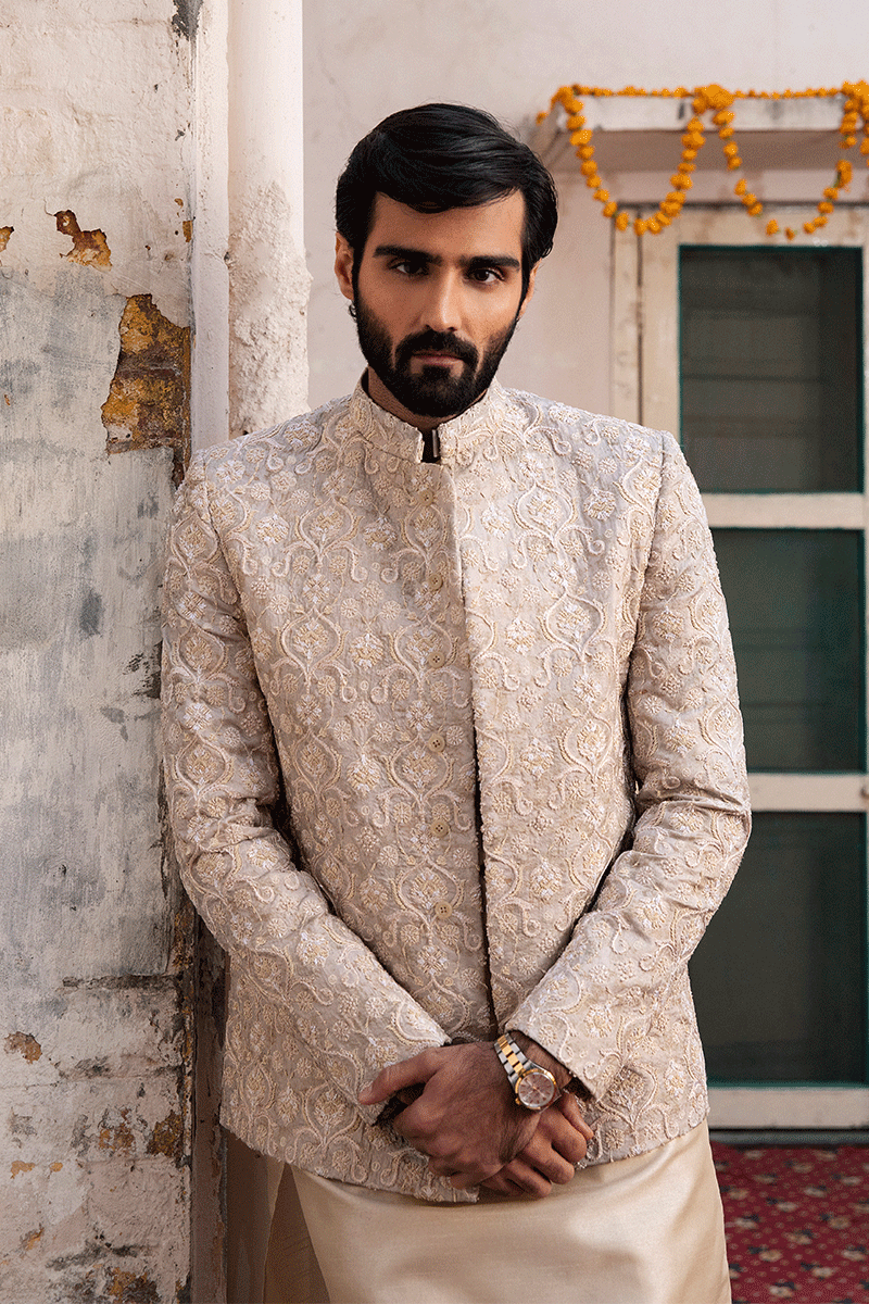 Taupe Tan Embroidered Silk-Blend Prince Coat (3-Piece) - Image 1