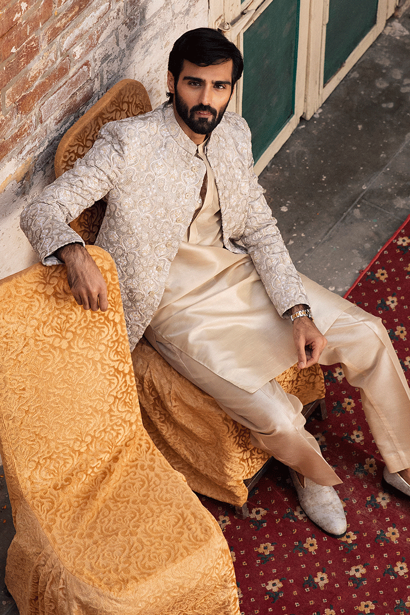 Taupe Tan Embroidered Silk-Blend Prince Coat (3-Piece) - Image 2