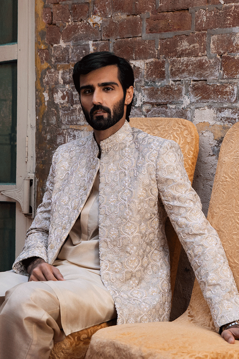 Taupe Tan Embroidered Silk-Blend Prince Coat (3-Piece) - Image 3