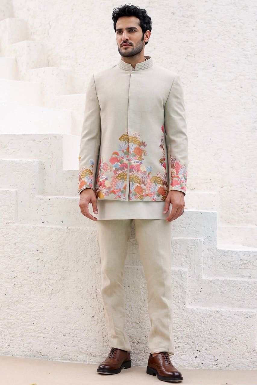 Tan Resham Embroidered Suiting Prince Coat (3-Piece) - Image 1