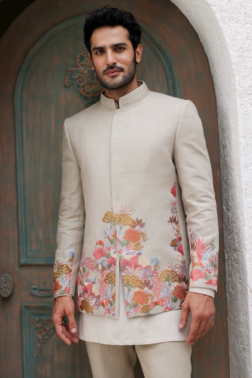 Tan Resham Embroidered Suiting Prince Coat (3-Piece) - Image 2