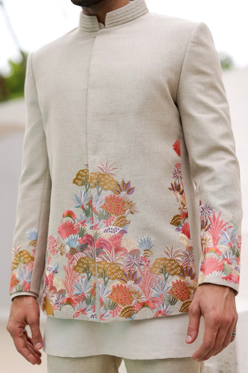 Tan Resham Embroidered Suiting Prince Coat (3-Piece) - Image 4