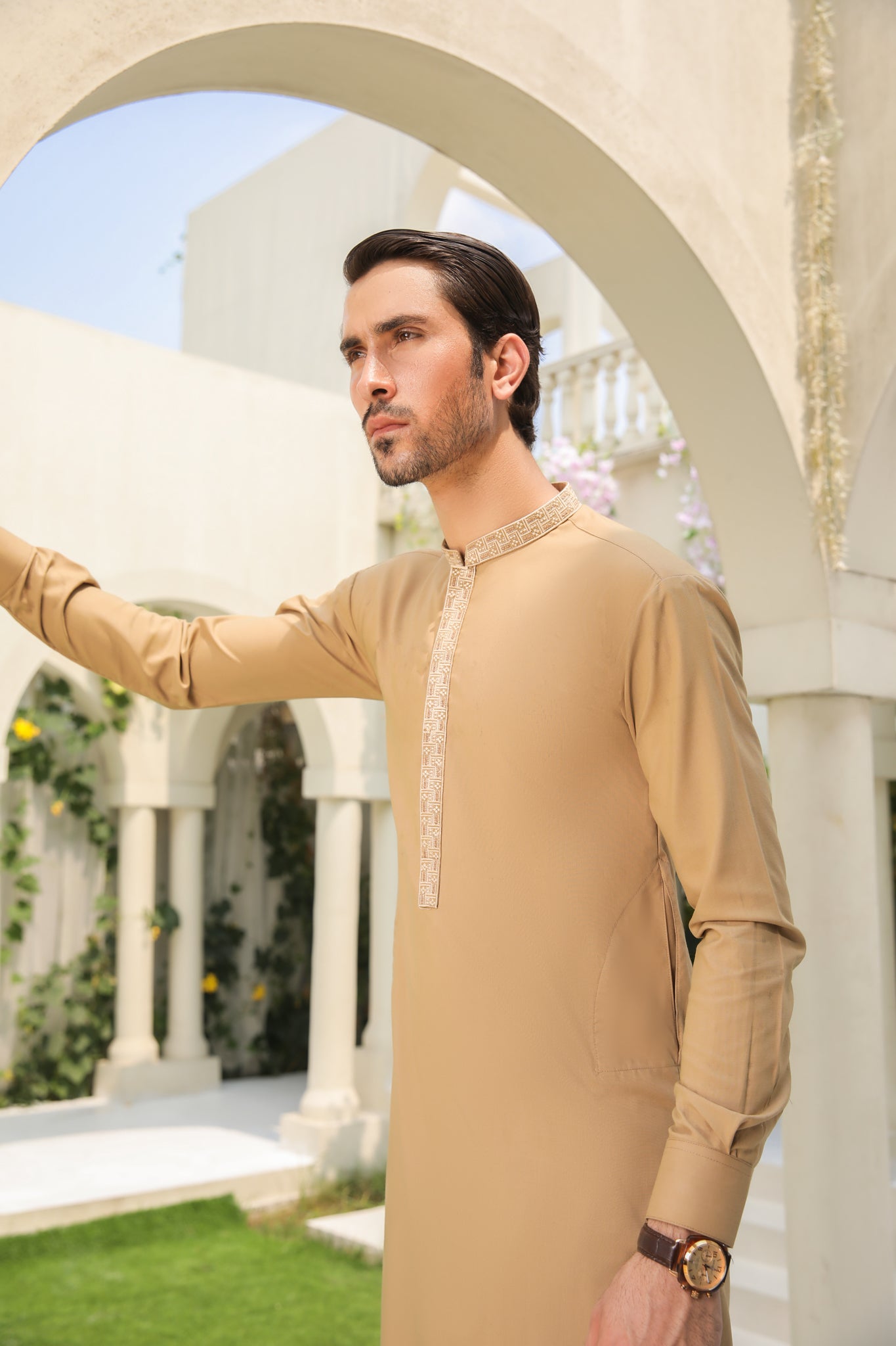 Camel Embroidered Blended Fabric Kurta Pajama (2-Piece) - Image 1