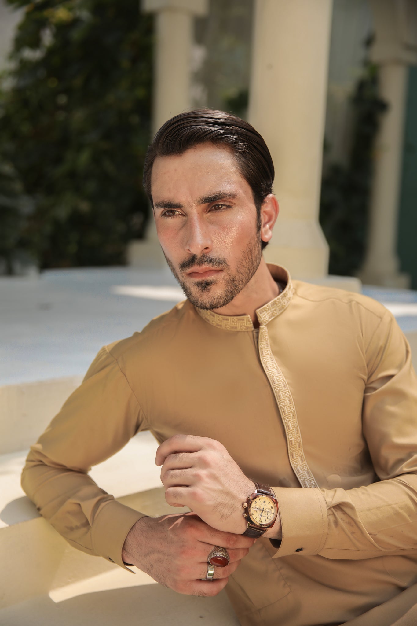 Camel Embroidered Blended Fabric Kurta Pajama (2-Piece) - Image 2