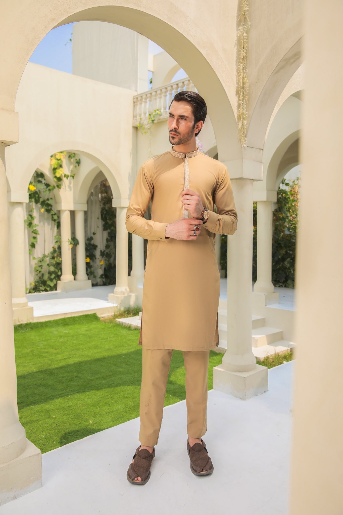 Camel Embroidered Blended Fabric Kurta Pajama (2-Piece) - Image 3
