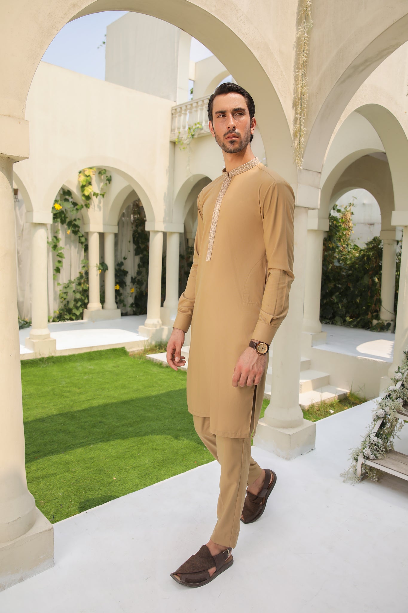 Camel Embroidered Blended Fabric Kurta Pajama (2-Piece) - Image 4