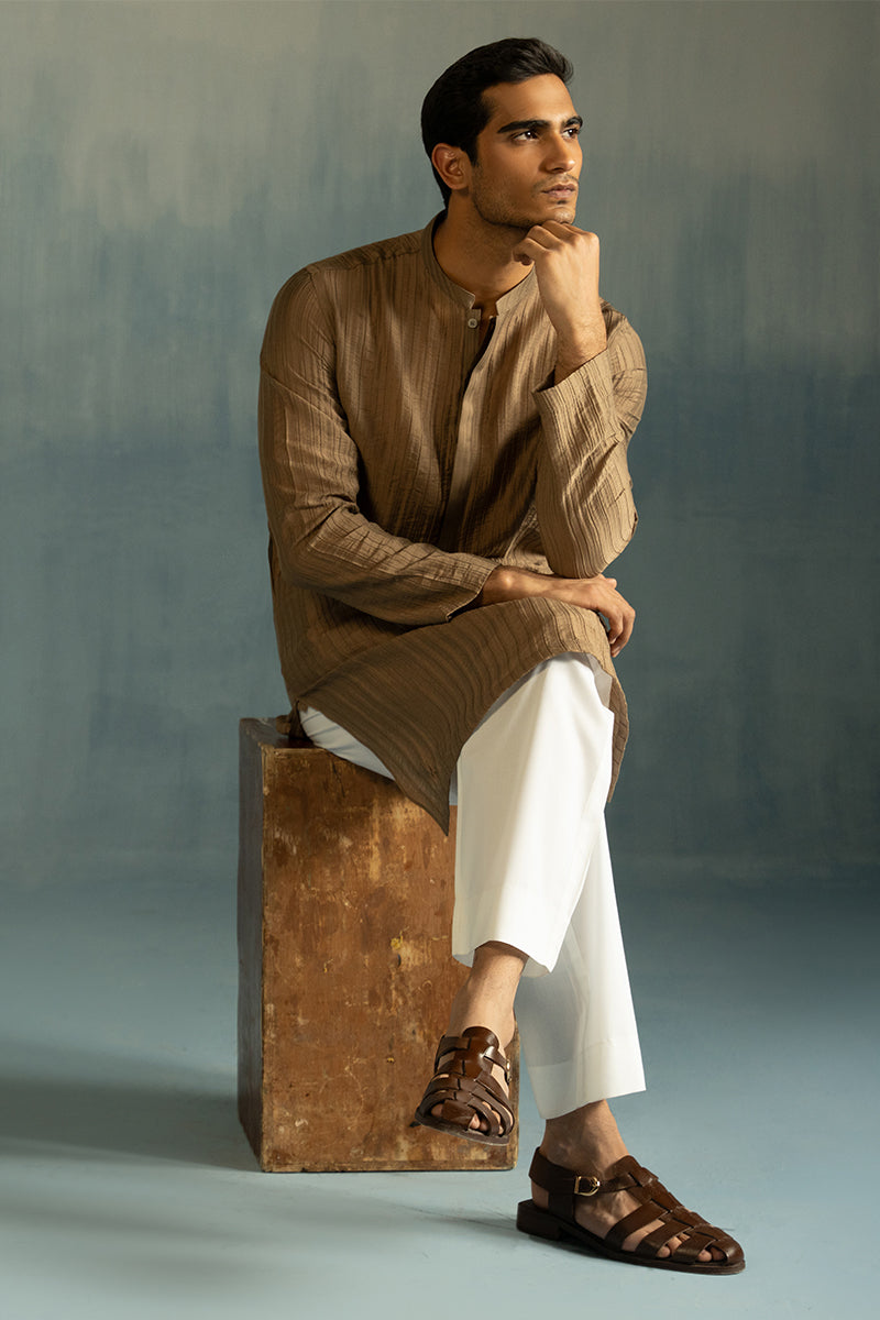 Caramel Self-Textured Crushed Fabric Kurta Pajama (2-Piece) - Image 6