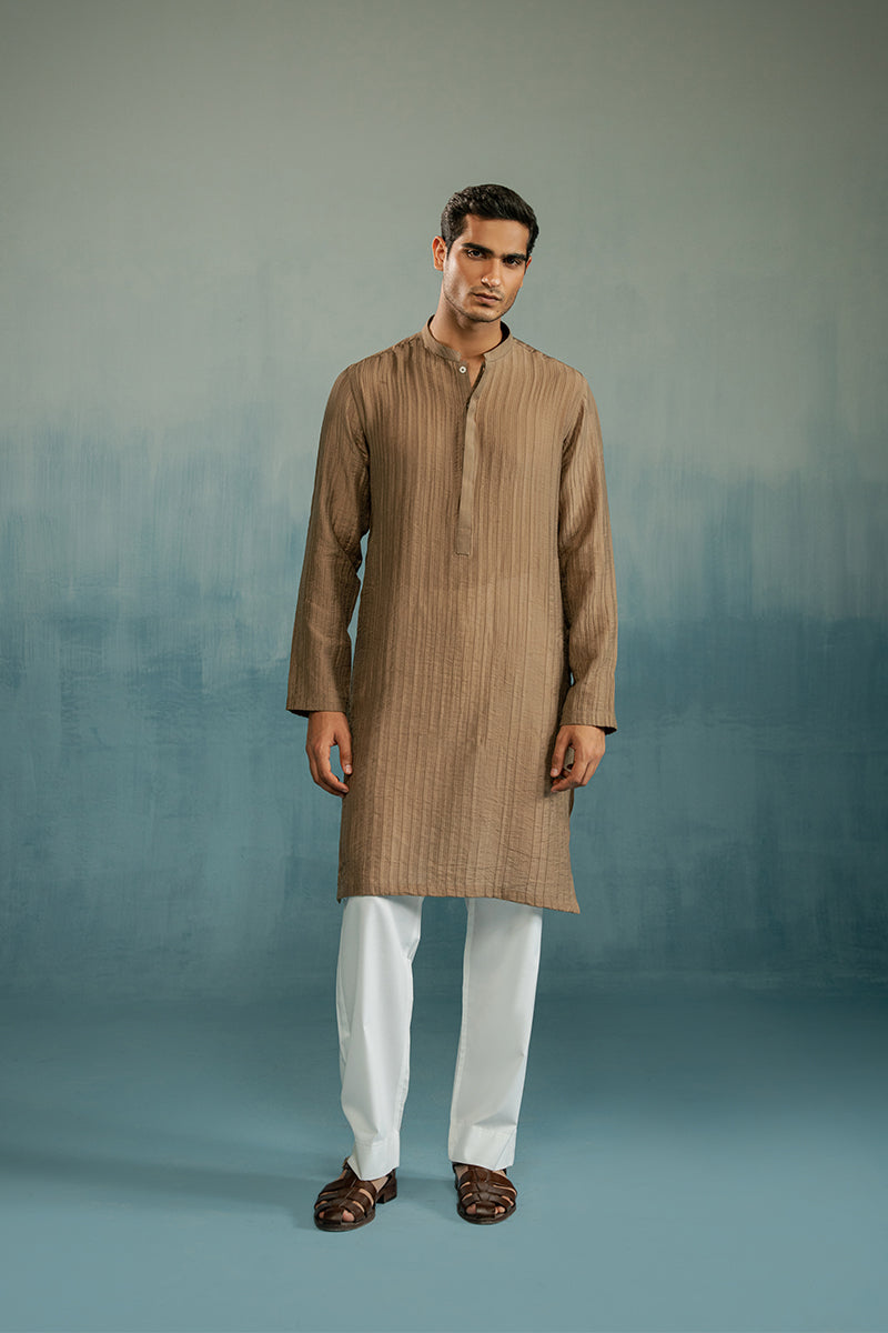 Caramel Self-Textured Crushed Fabric Kurta Pajama (2-Piece) - Image 7