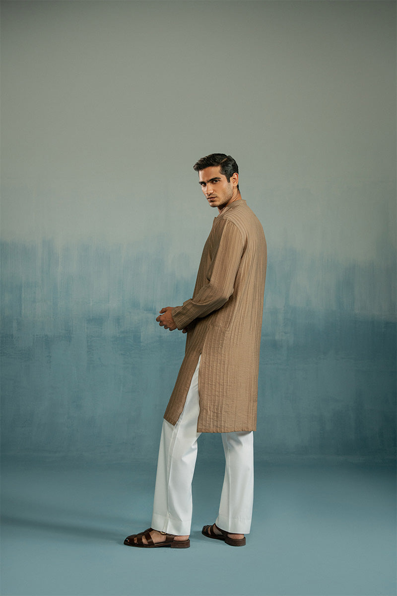 Caramel Self-Textured Crushed Fabric Kurta Pajama (2-Piece) - Image 8