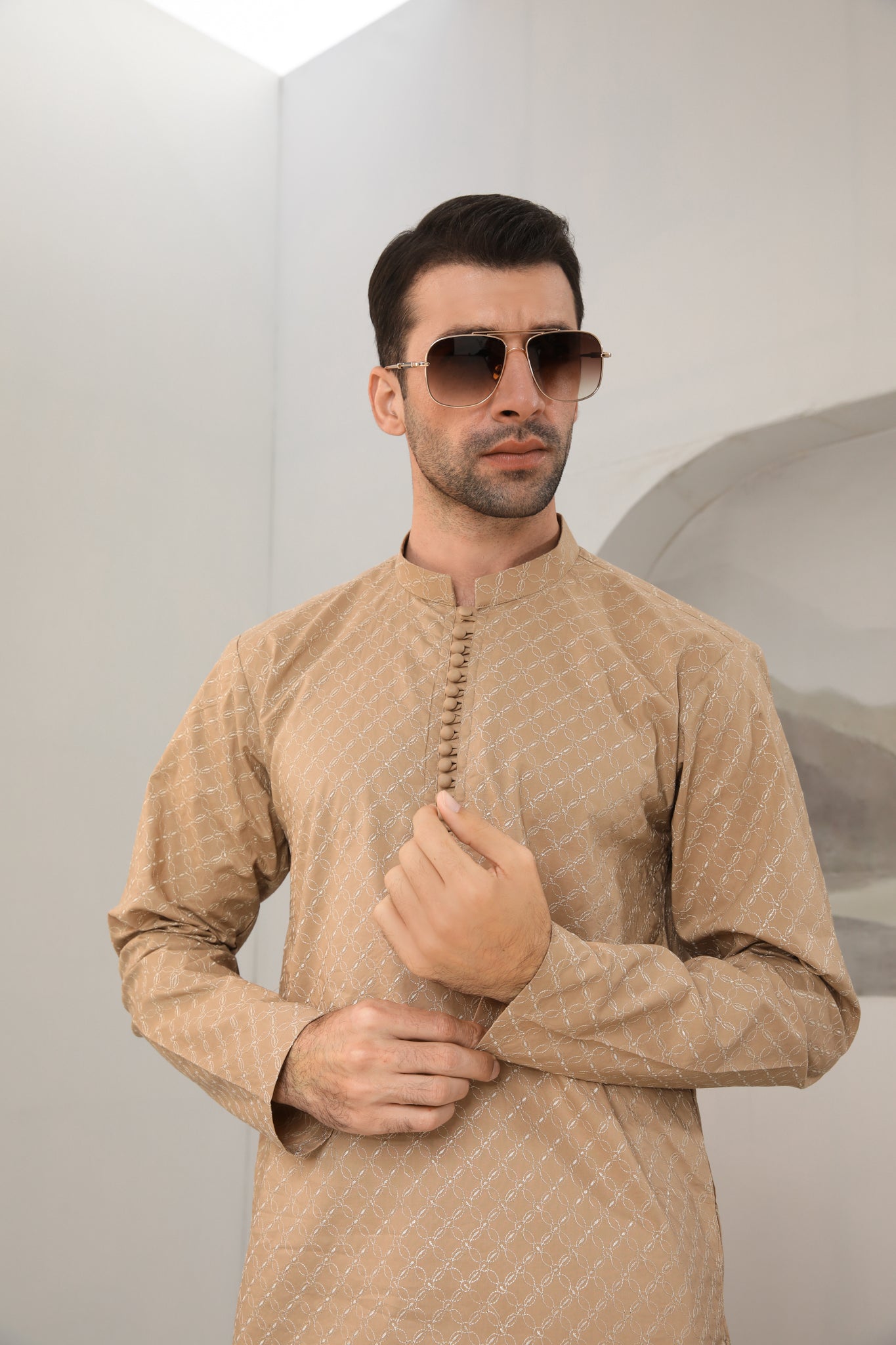 Camel Schiffli Embroidered Cotton Kurta Trouser (2-Piece) - Image 1