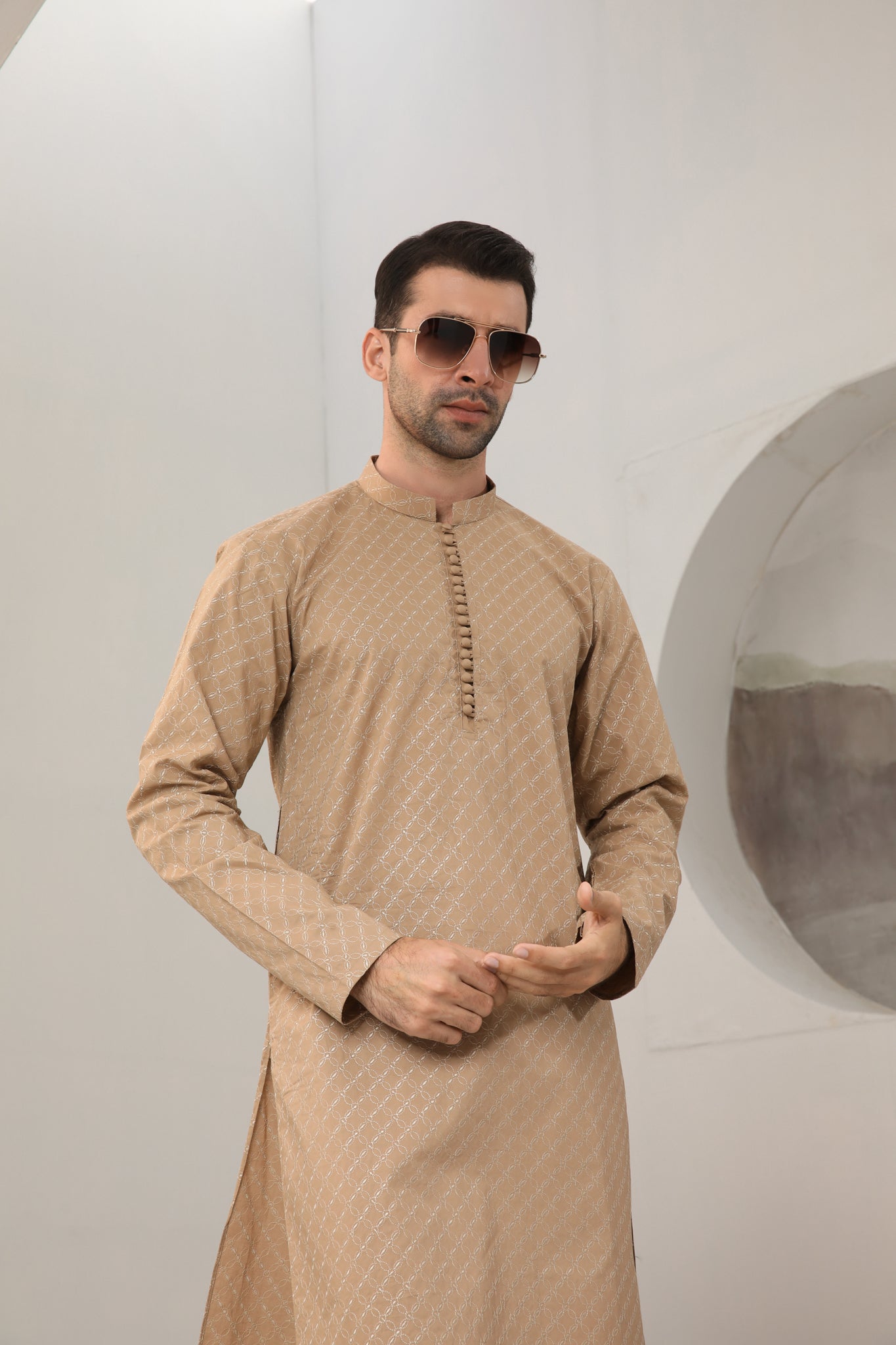 Camel Schiffli Embroidered Cotton Kurta Trouser (2-Piece) - Image 2