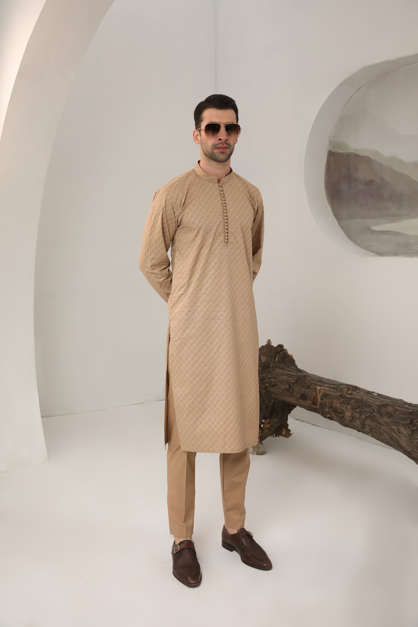 Camel Schiffli Embroidered Cotton Kurta Trouser (2-Piece) - Image 3