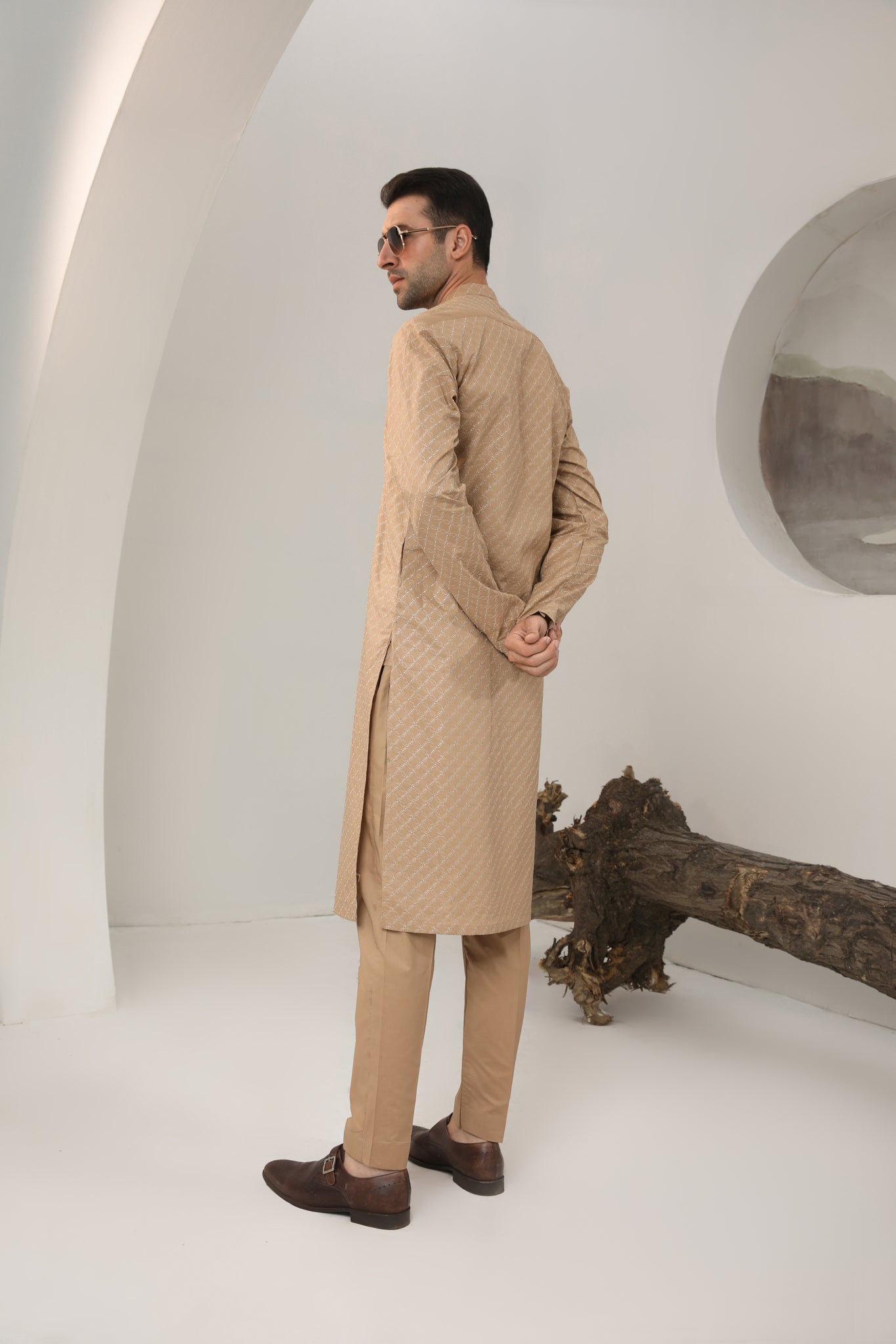 Camel Schiffli Embroidered Cotton Kurta Trouser (2-Piece) - Image 4