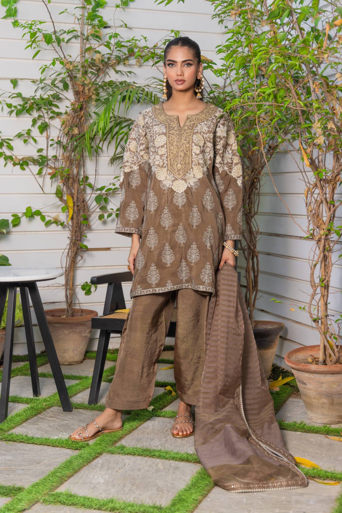 Pakistani Tan Embroidered Cotton Silk Kurta Set (3-Piece) - Image 2