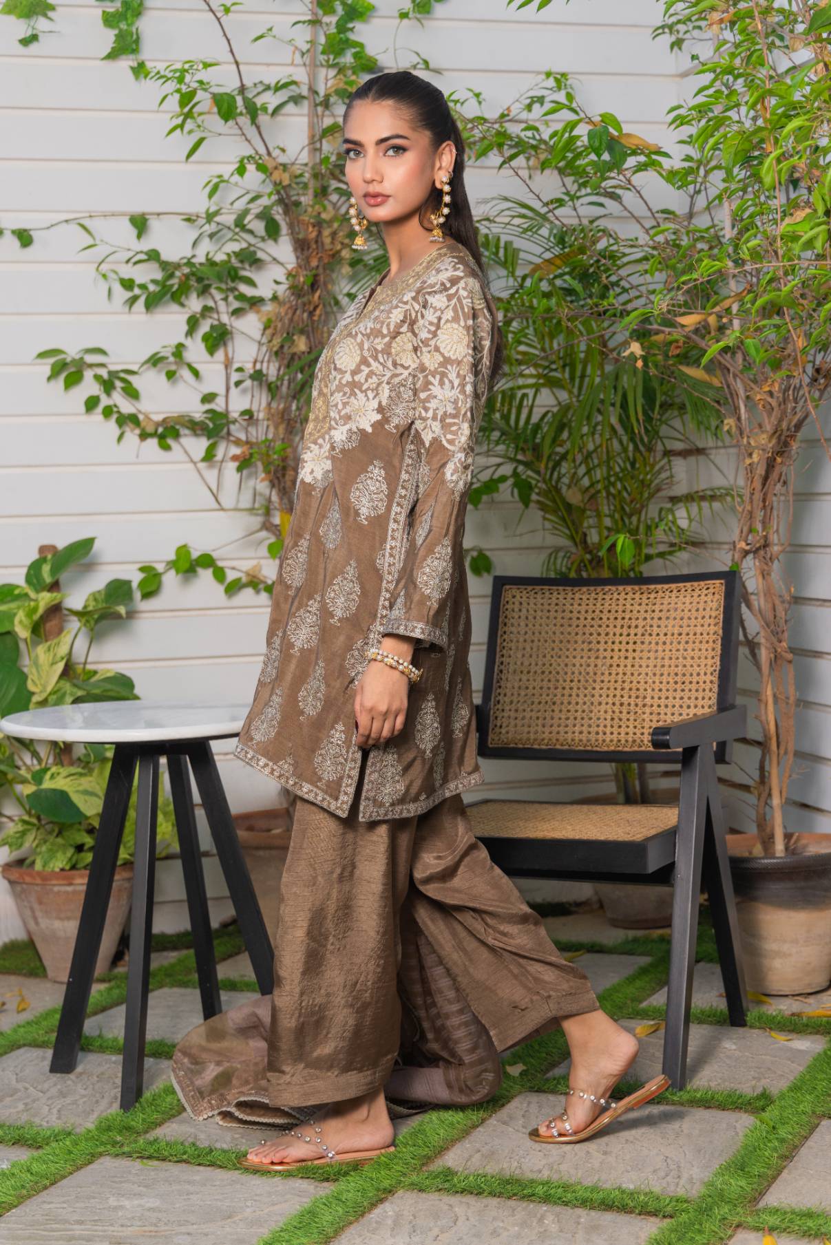 Pakistani Tan Embroidered Cotton Silk Kurta Set (3-Piece) - Image 3