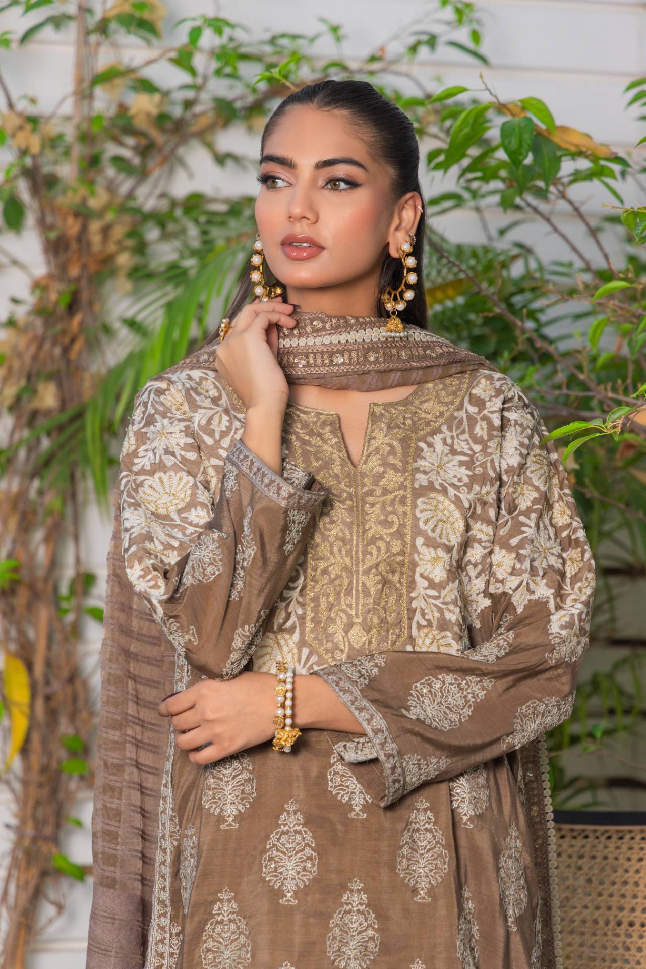 Pakistani Tan Embroidered Cotton Silk Kurta Set (3-Piece) - Image 4