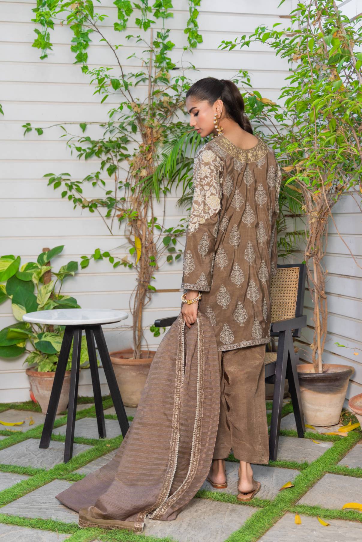 Pakistani Tan Embroidered Cotton Silk Kurta Set (3-Piece) - Image 5