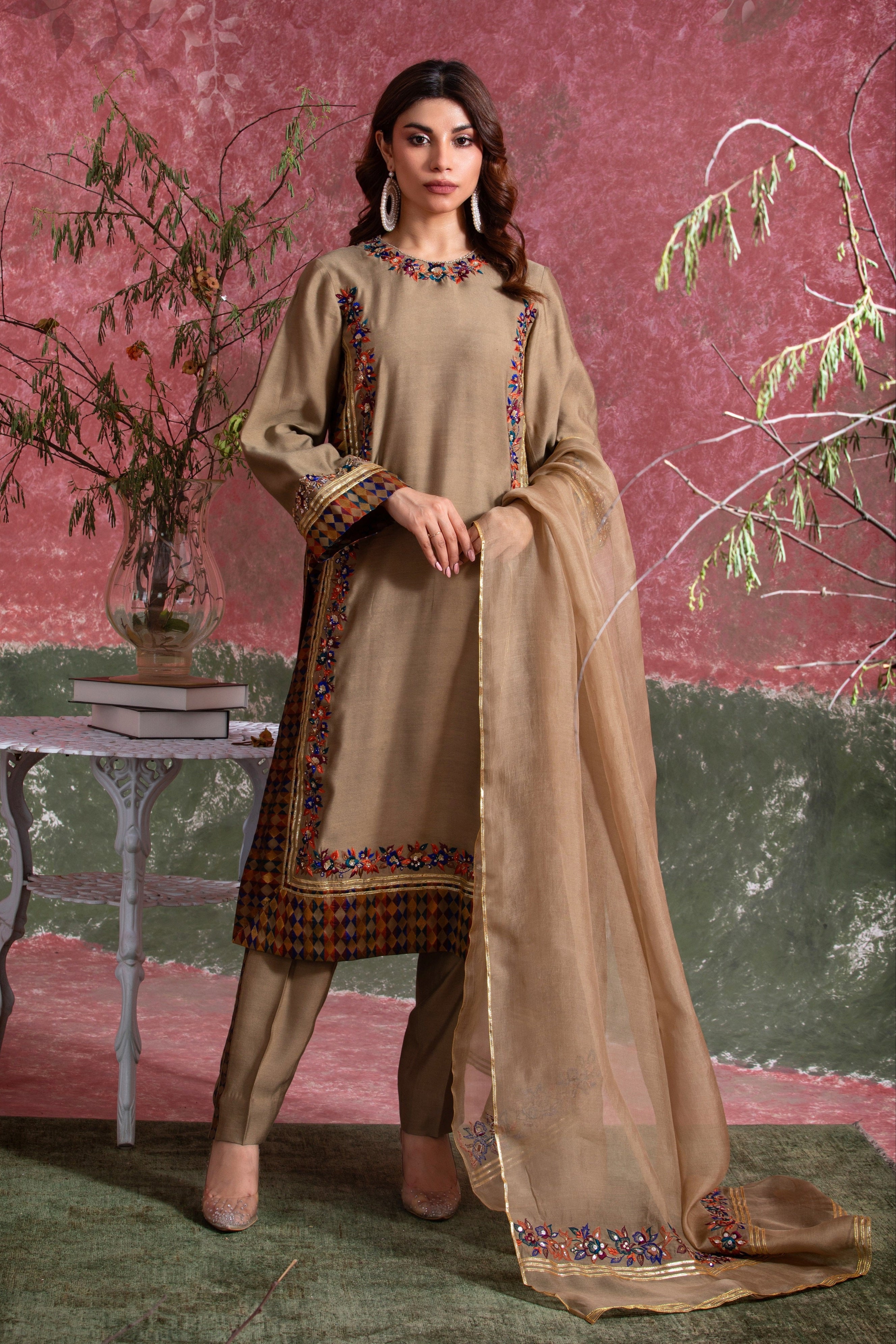 Tan Zardozi Embroidered Khadi Silk Salwar Kameez (3-Piece) - Image 1