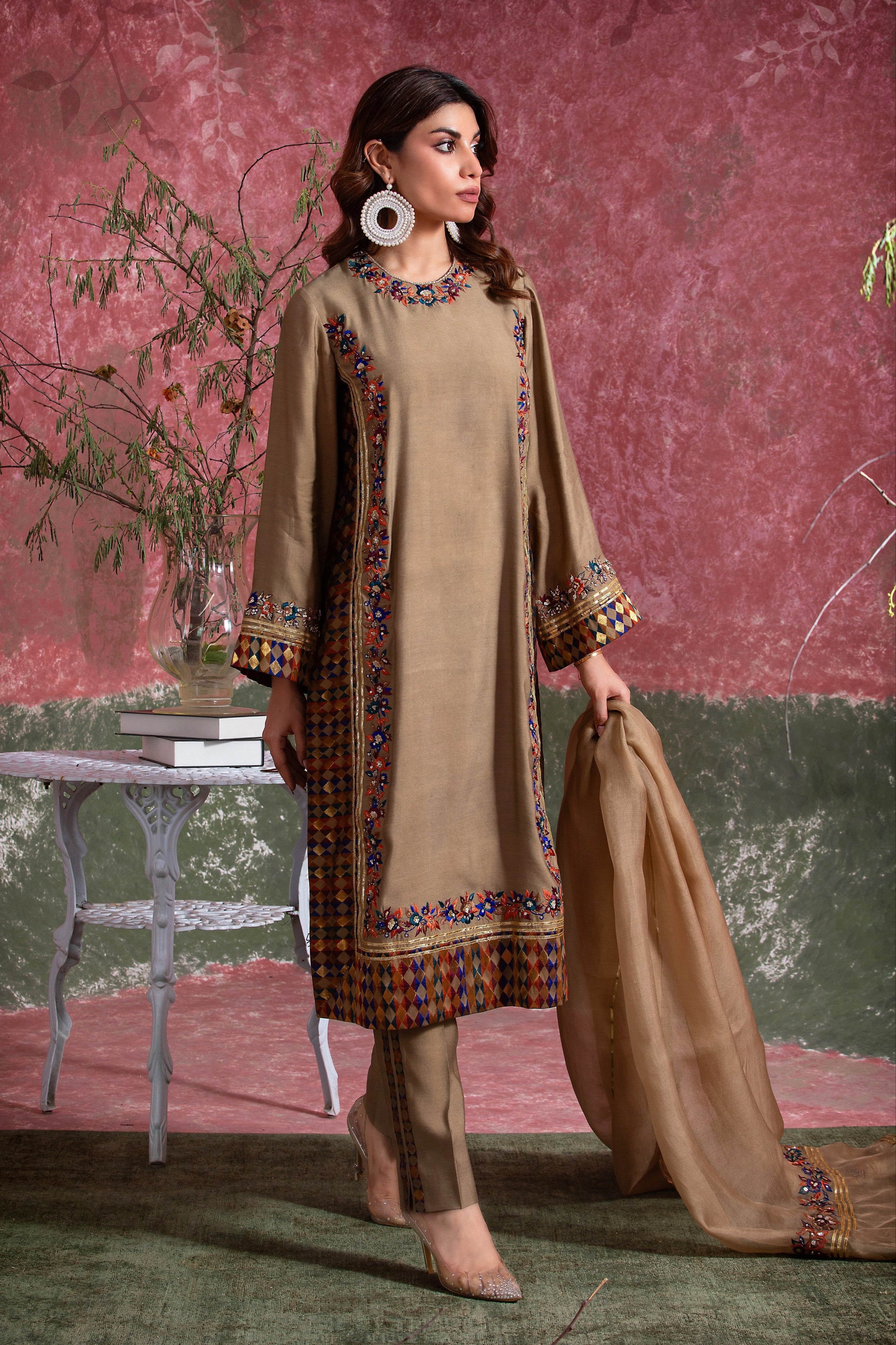 Tan Zardozi Embroidered Khadi Silk Salwar Kameez (3-Piece) - Image 2