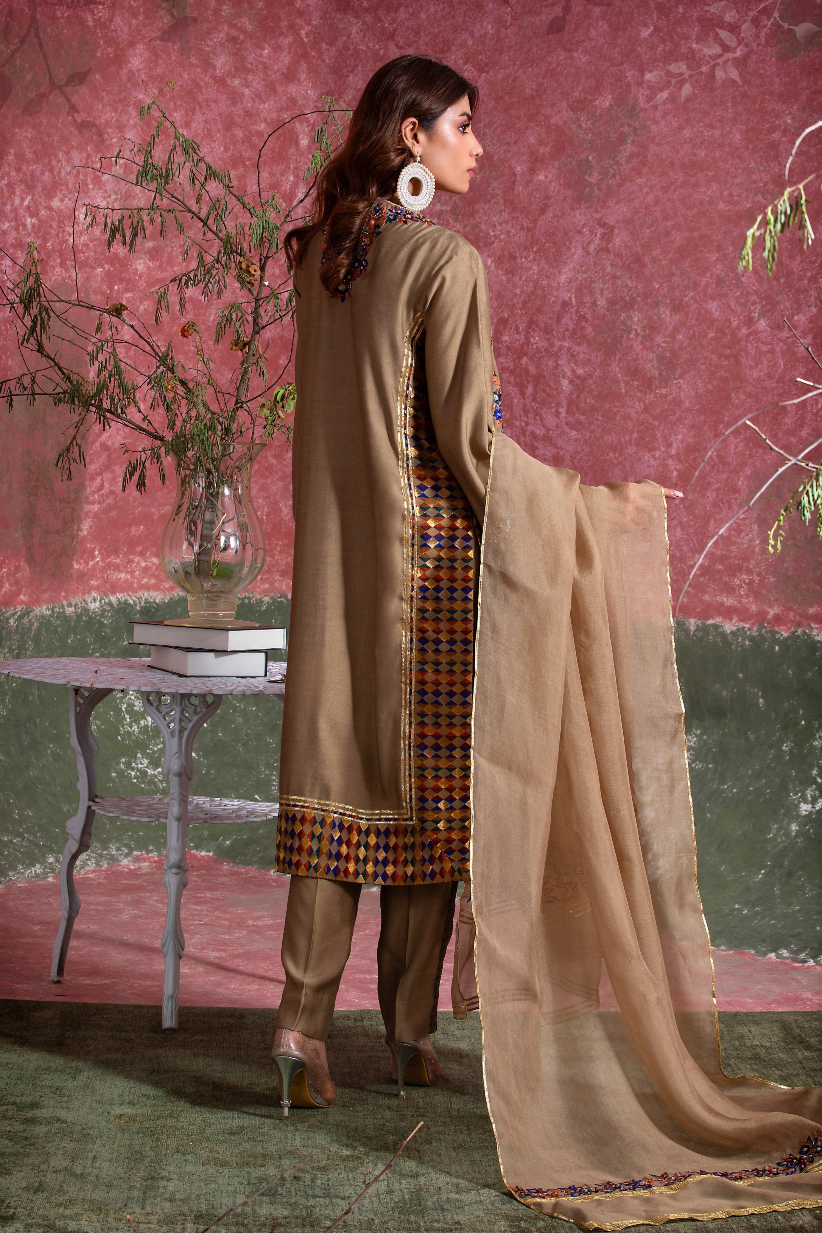 Tan Zardozi Embroidered Khadi Silk Salwar Kameez (3-Piece) - Image 3