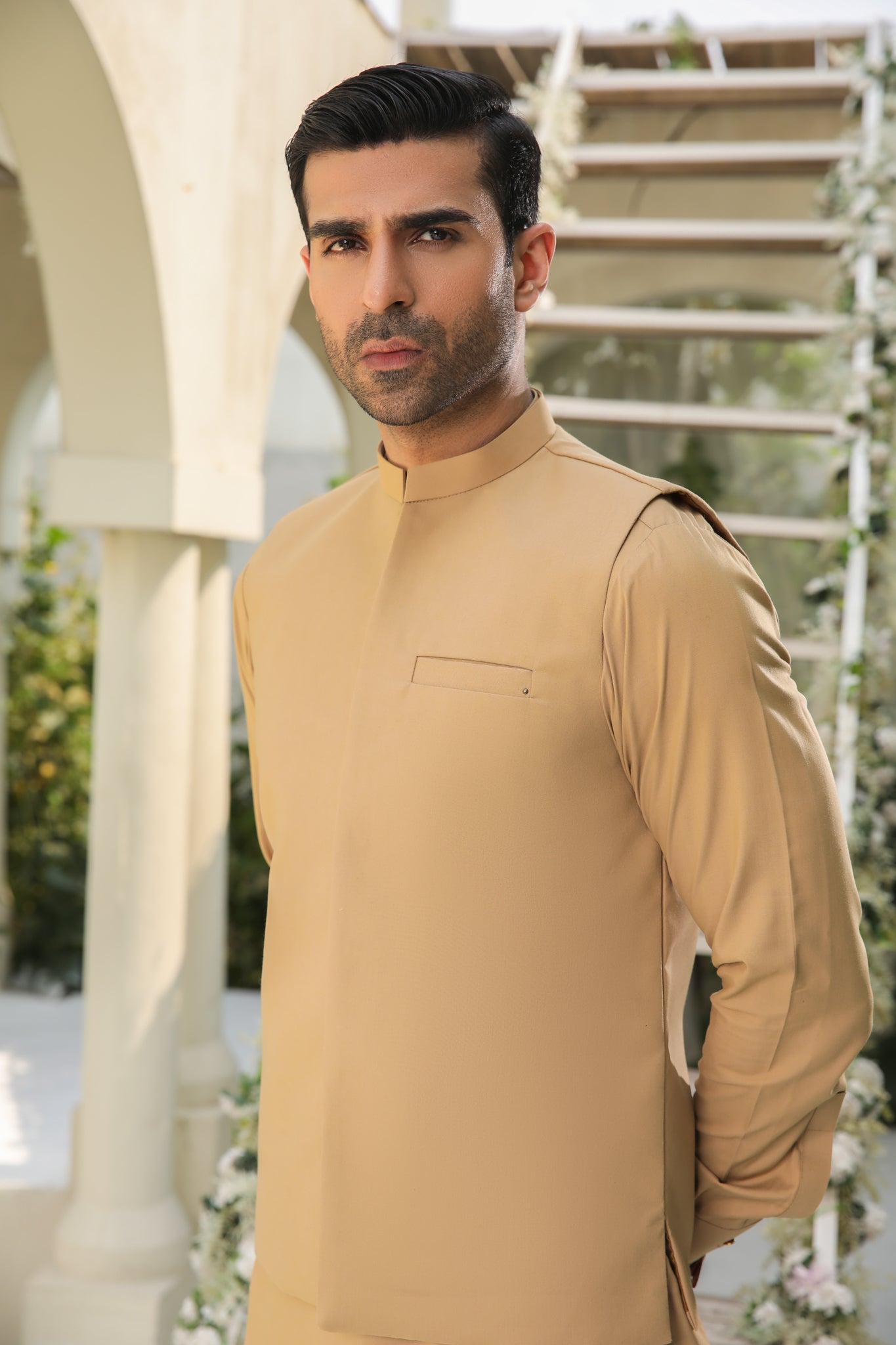 Camel Minimalist Blended Fabric Waistcoat Kurta Set (3-Piece) - Image 3