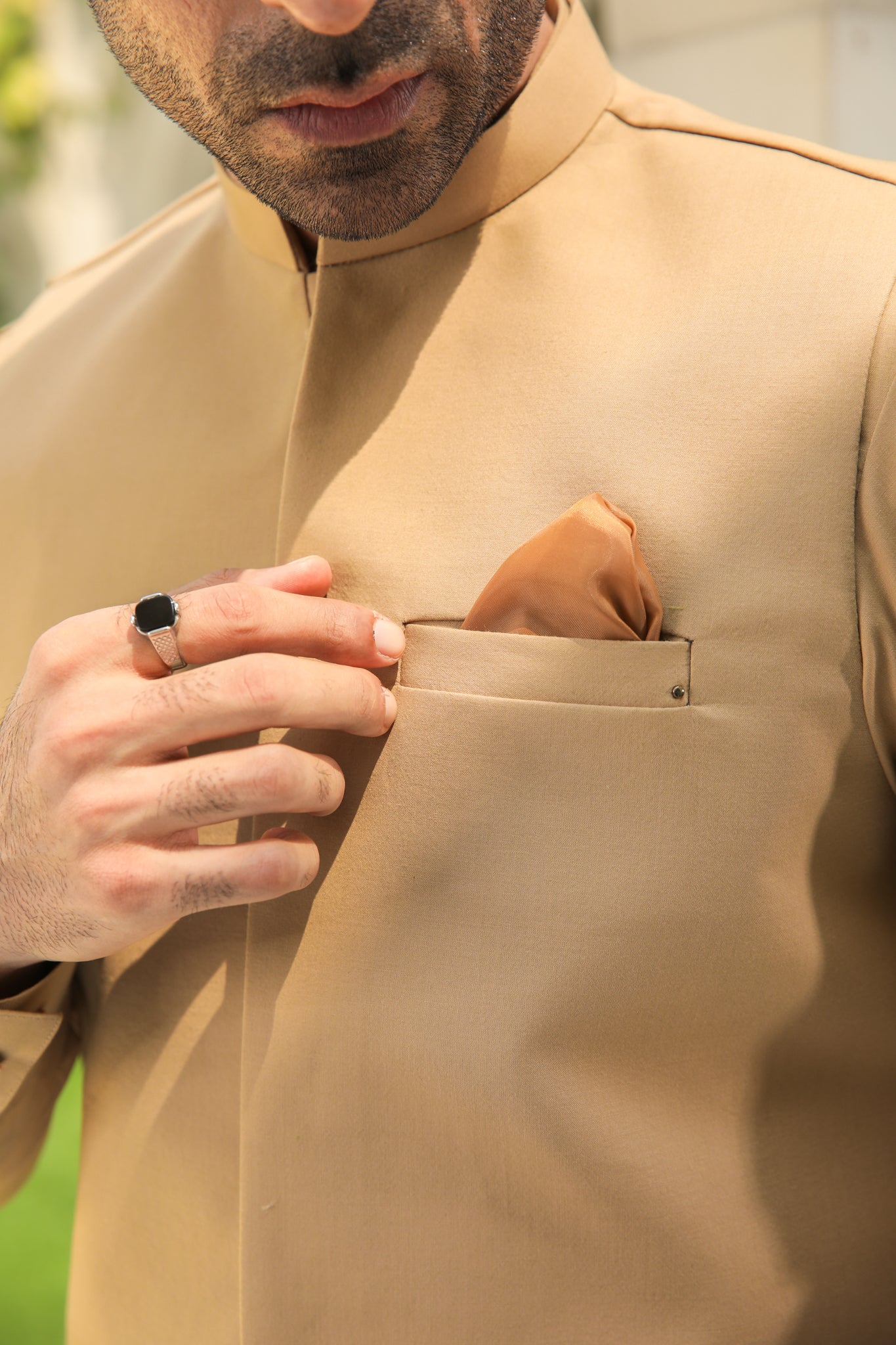 Camel Minimalist Blended Fabric Waistcoat Kurta Set (3-Piece) - Image 5