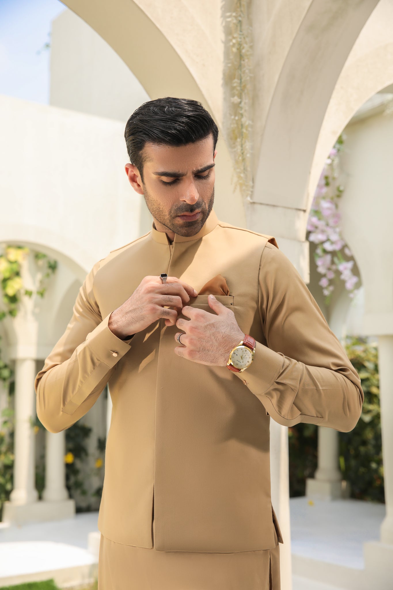 Camel Minimalist Blended Fabric Waistcoat Kurta Set (3-Piece) - Image 6