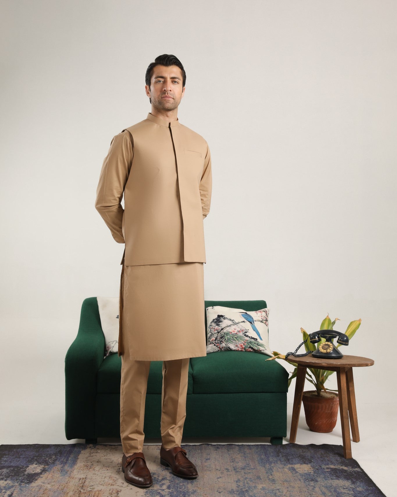 Camel Cotton Waistcoat Kurta 3-Piece Set - Image 1