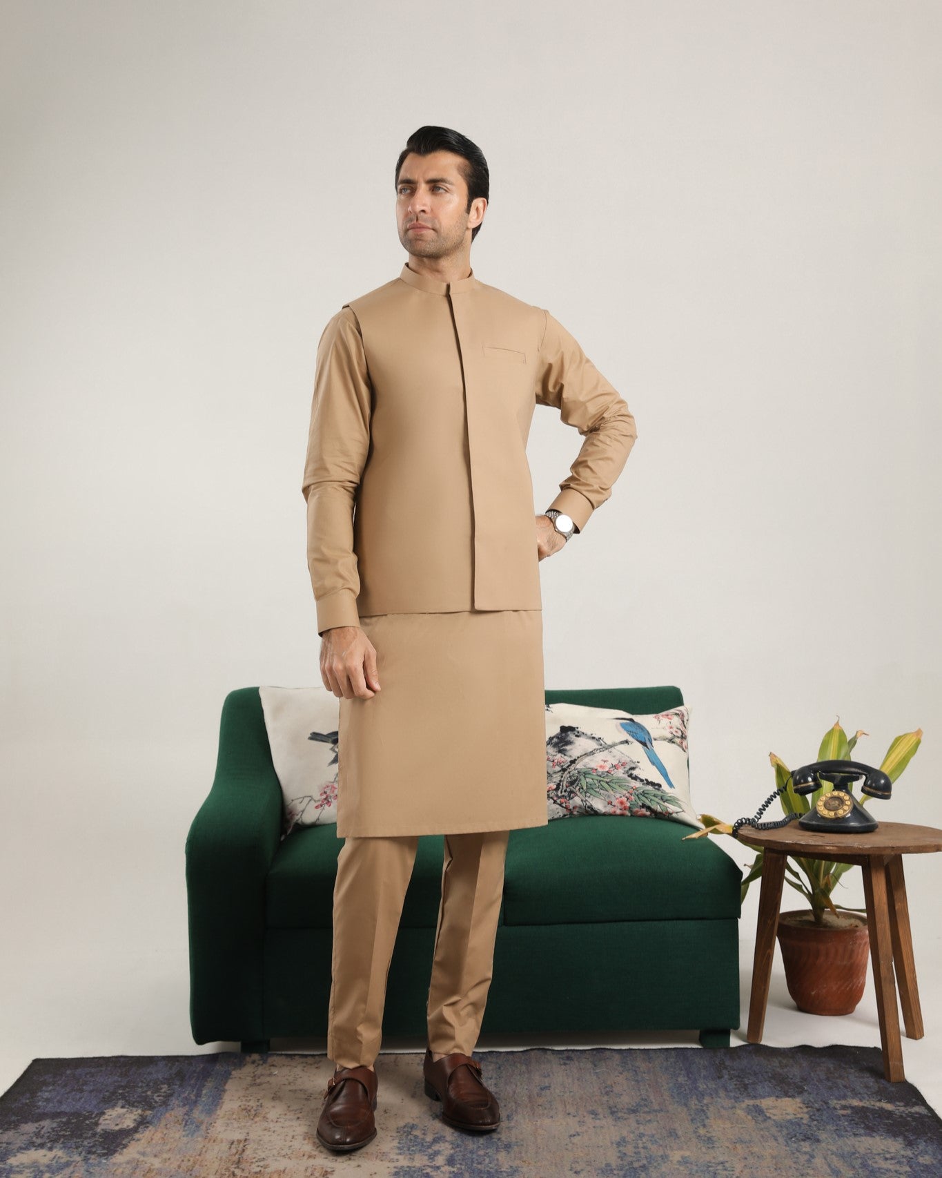 Camel Cotton Waistcoat Kurta 3-Piece Set - Image 4