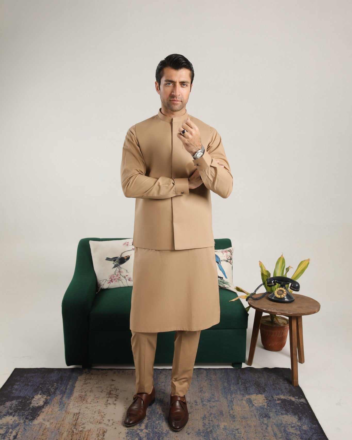 Camel Cotton Waistcoat Kurta 3-Piece Set - Image 5