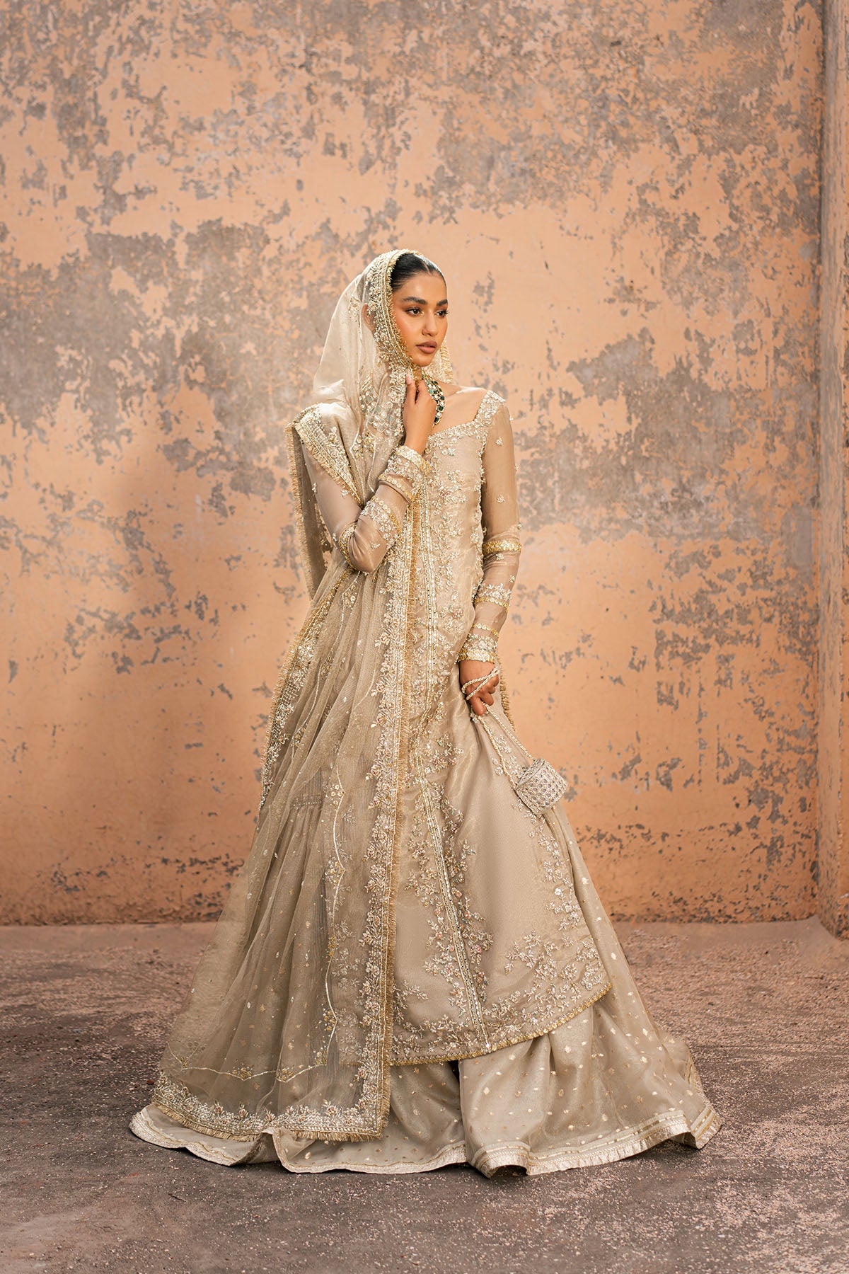 Metallic Taupe Embroidered Masuri Gharara (3-Piece) - Image 1